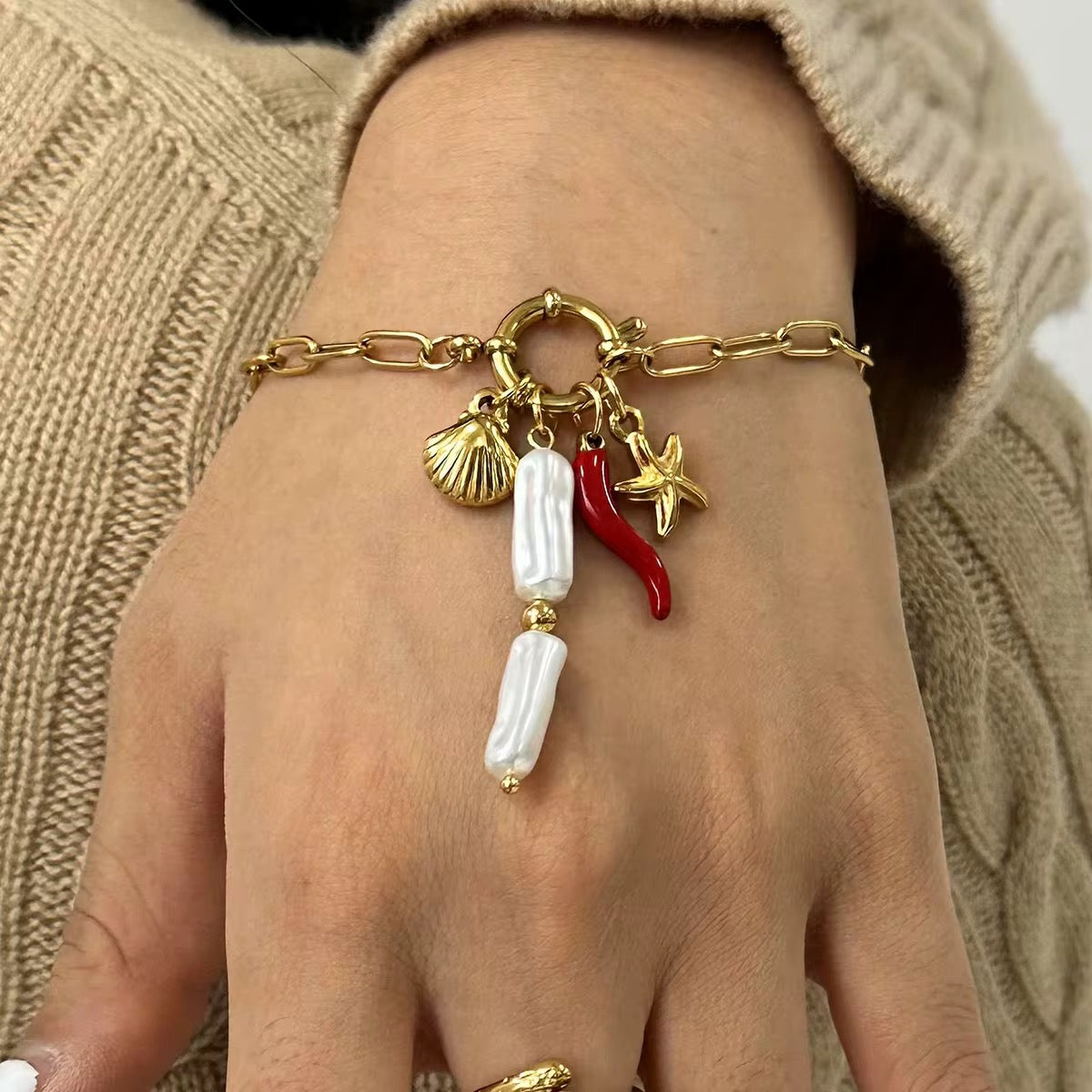 Chili & Sea Charms Link Chain Bracelet