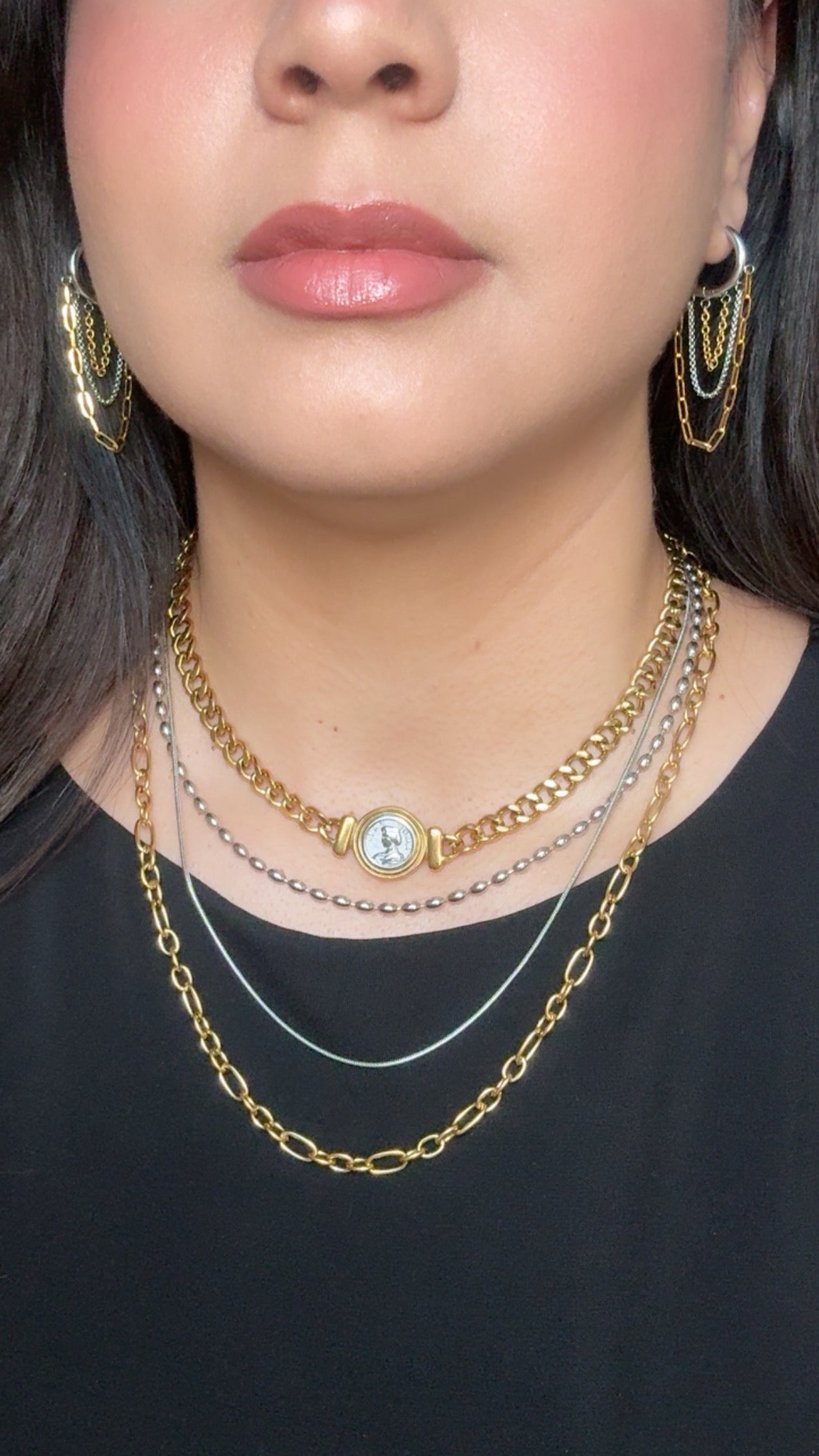 Two Tone Chains Hoop Earrings