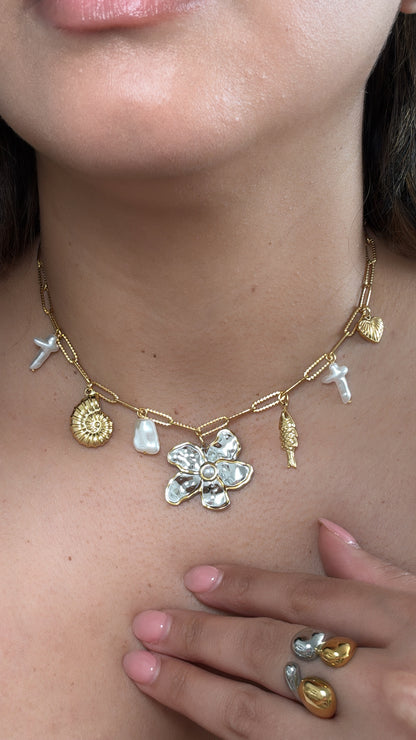 Two Tone Flower Pendant Charms Chain Necklace