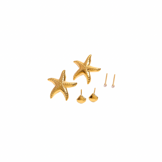 Starfish, Shell & Mini Zirconia Studs Earrings Set