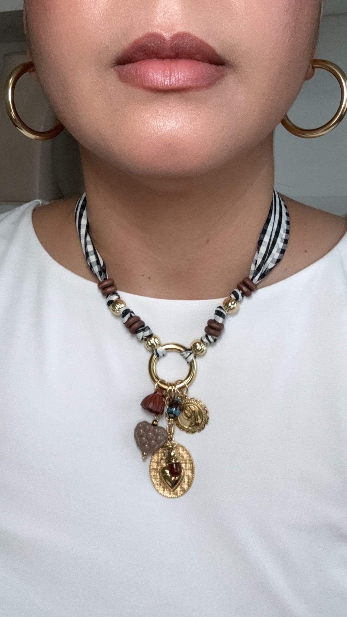 Sacred Heart Charms Fabric Gingham Necklace