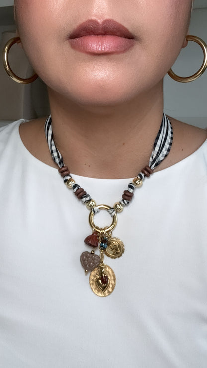 Sacred Heart Charms Fabric Gingham Necklace
