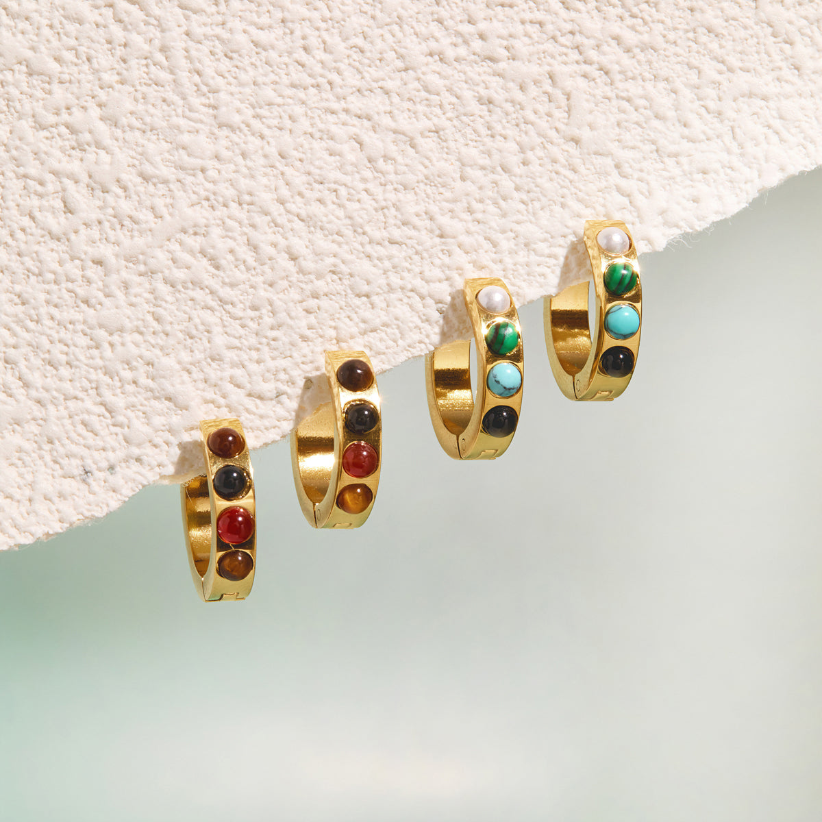 Brown & Green Stones Small Hoop Earrings