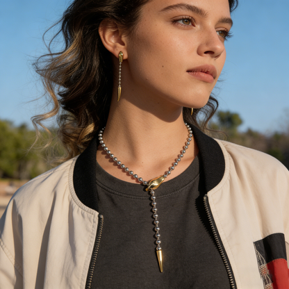 Two Tone Chunly Balls Snake Lariat Necklace & Long Stud Earrings Set