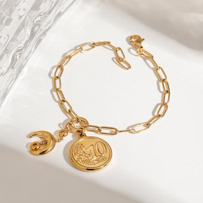 Coin, Moon & Zirconias Pendant Link Chain Bracelet