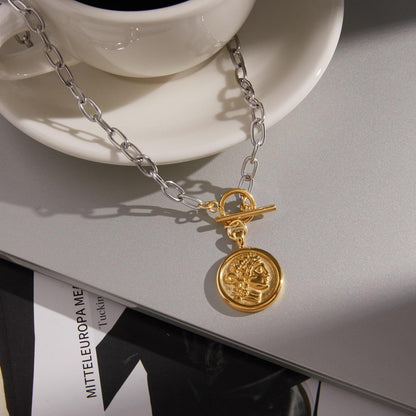 Two Tone Coin Pendant Toggle Necklace