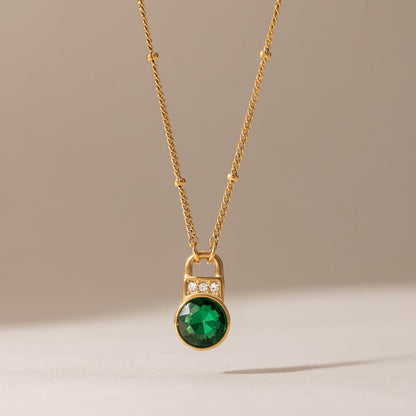 Green Zirconia Lock Pendant Necklace