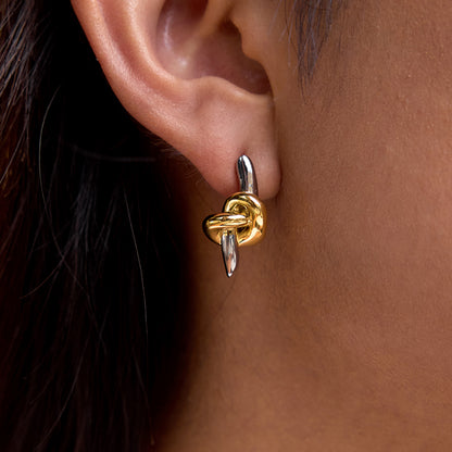 Two Tone Knot Bar Stud Earrings