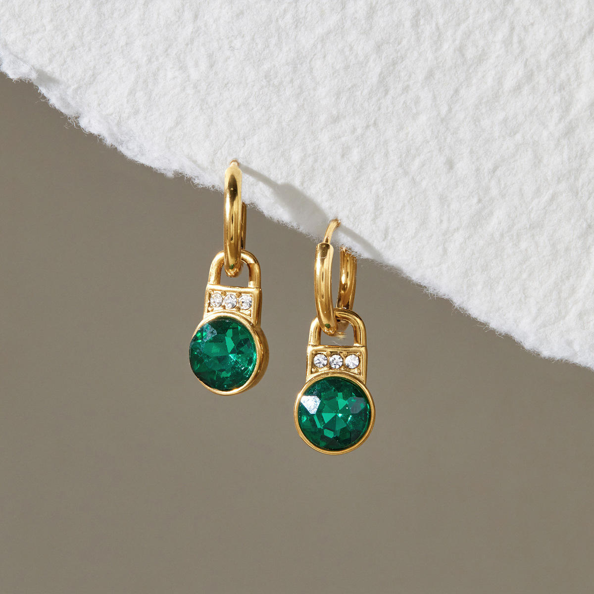 Green Zirconia Lock Pendant Hoop Earrings