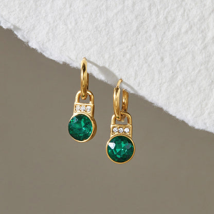 Green Zirconia Lock Pendant Hoop Earrings