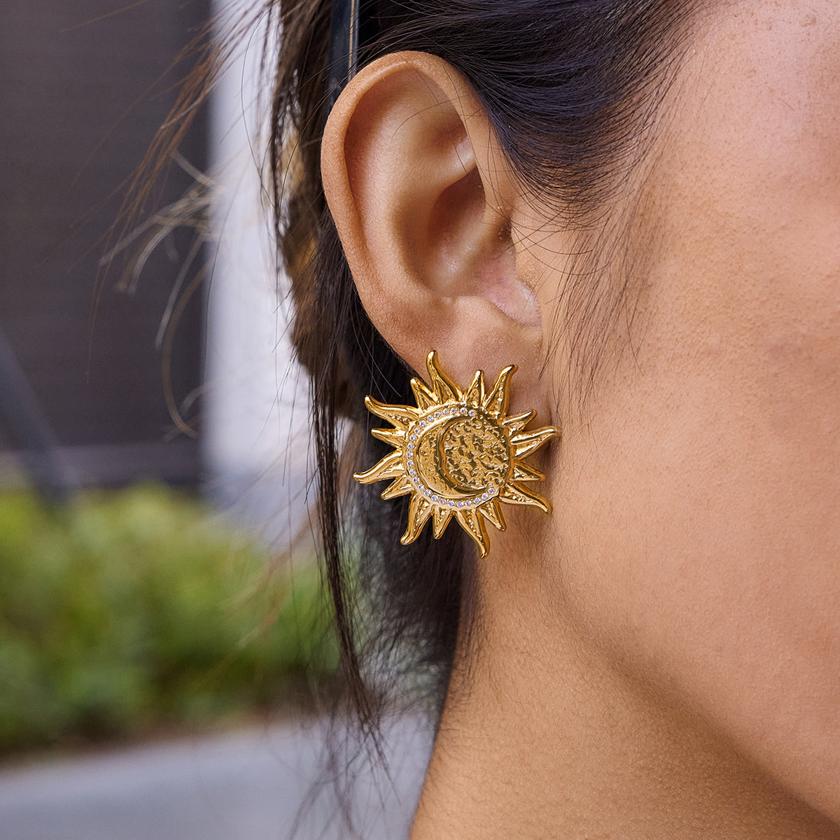 Zirconias Textured Large Sun Stud Earrings