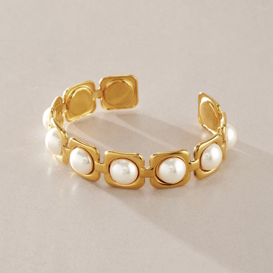 Pearls Squared Shape Gold Cuff Bracelet