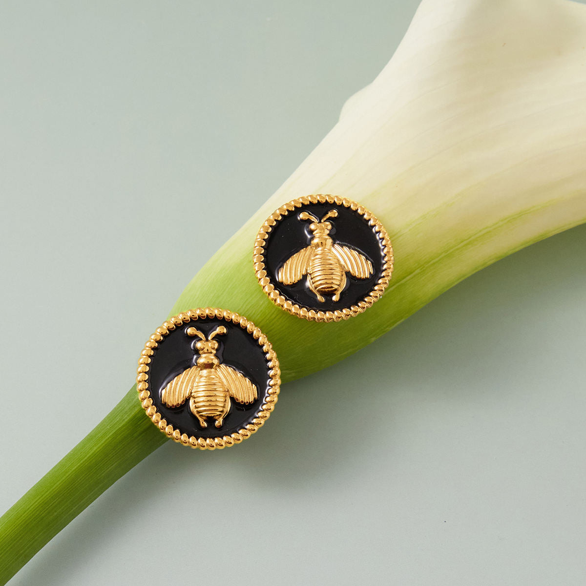 Bee Black Button Stud Earrings