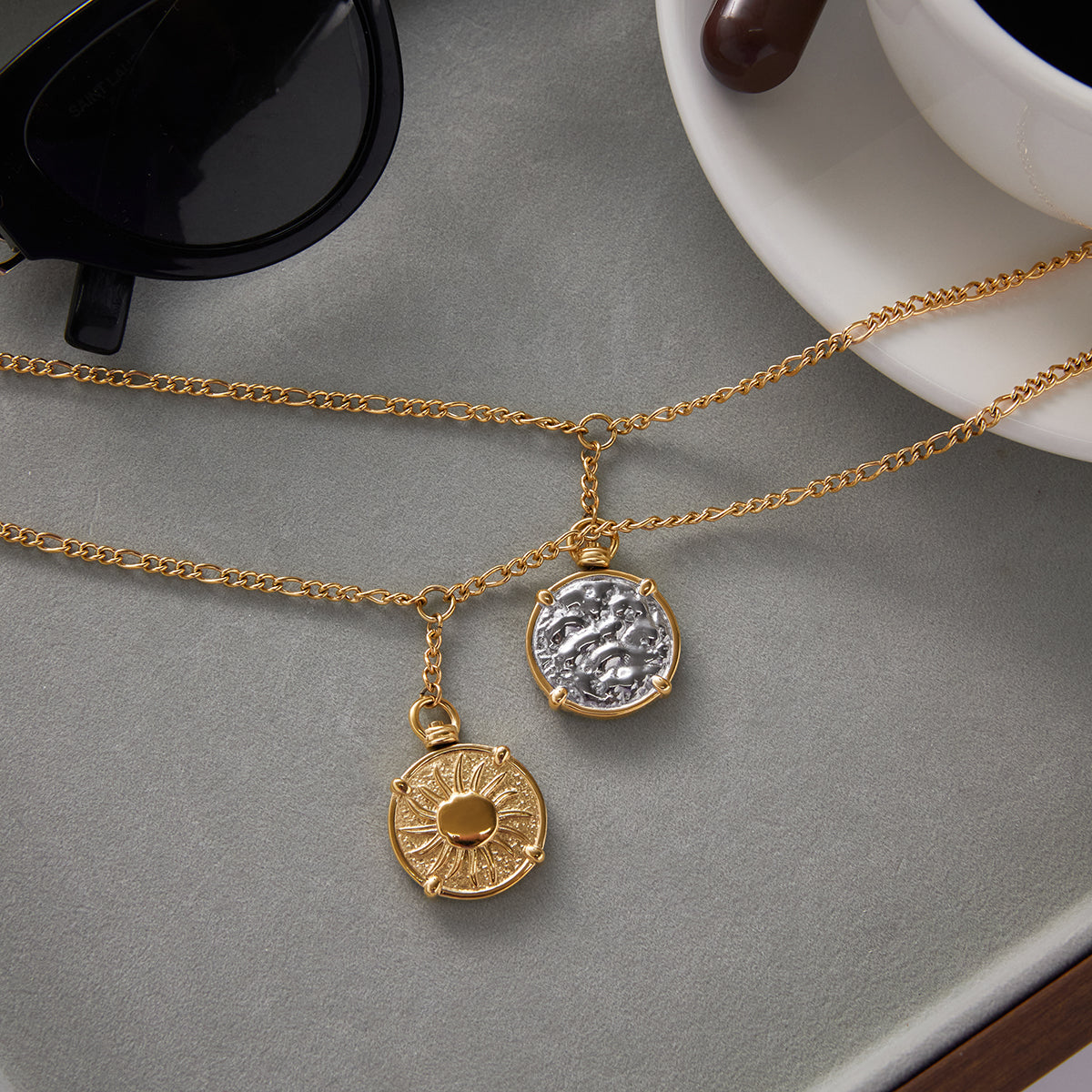 Two Tone Two Sides Coin Pendant Necklace