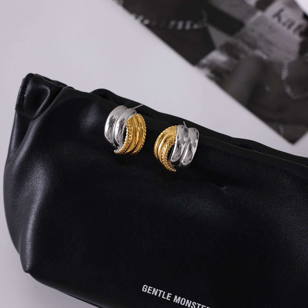 Two Tone Textured C Shape Studs Earrings