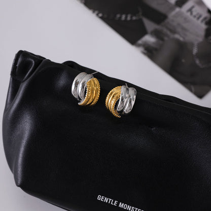 Two Tone Textured C Shape Studs Earrings