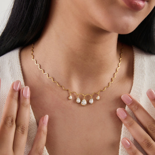 Tear Drop Zirconias Pendant Wavy Necklace