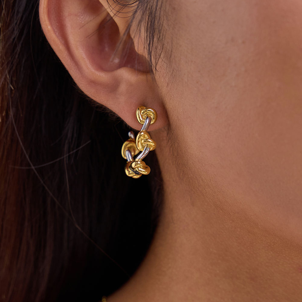 Two Tone Knots Hoop Stud Earrings