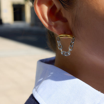 Two Tone Bar & Chain Stud Earrings