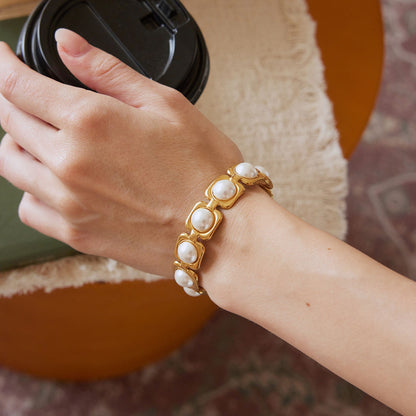 Pearls Squared Shape Gold Cuff Bracelet