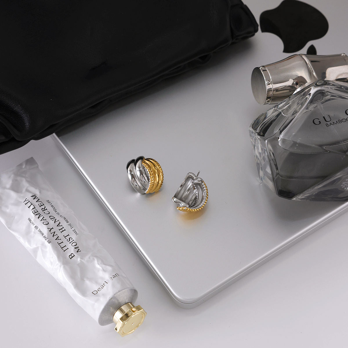 Two Tone Textured C Shape Studs Earrings