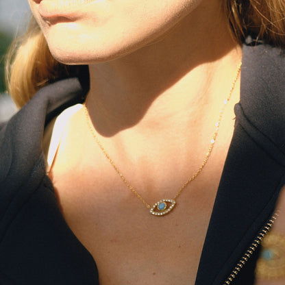 Turquoise & Zirconias Dainty Eye Necklace