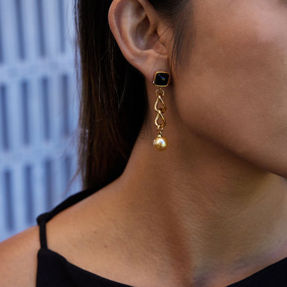 Black Square Stone & Gold Pearl Chain Stud Earrings