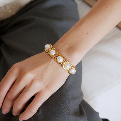 Pearls Squared Shape Gold Cuff Bracelet