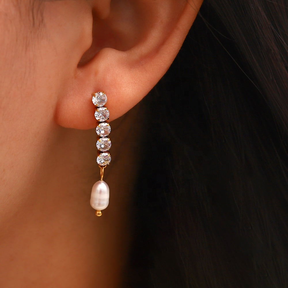 Delicate Zirconias & Pearl Medium Long Studs