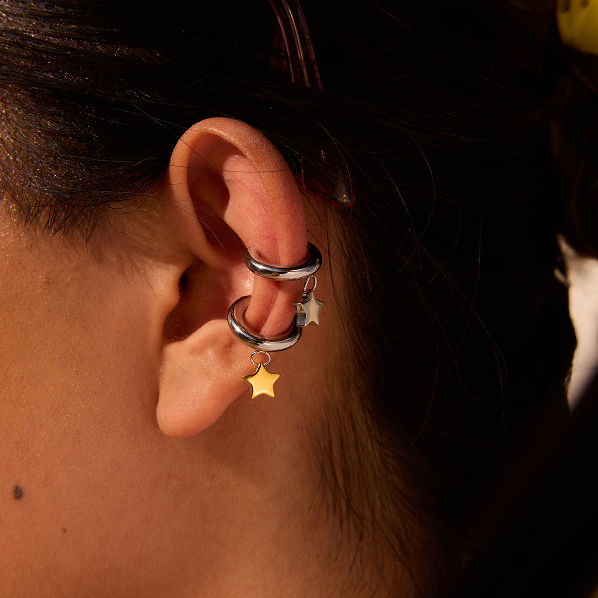 Two Tone Star Pendant Earcuff Set