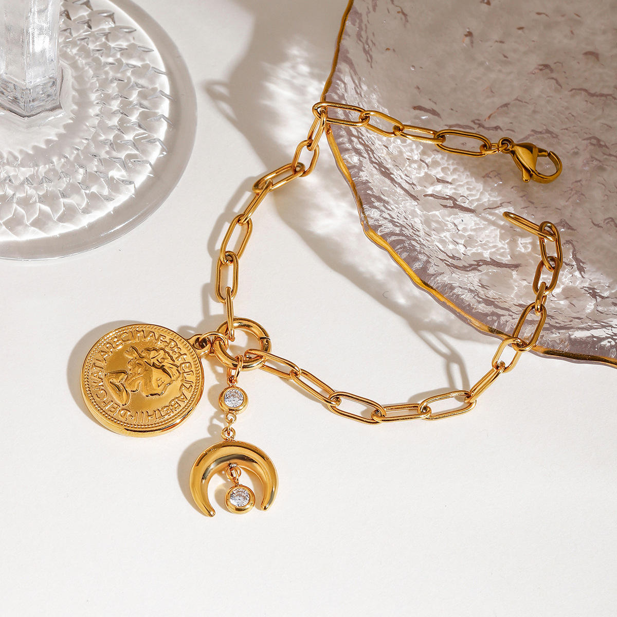 Coin, Moon & Zirconias Pendant Link Chain Bracelet
