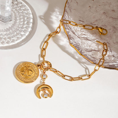 Coin, Moon & Zirconias Pendant Link Chain Bracelet