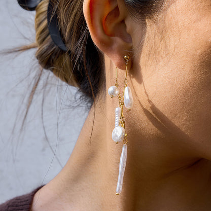 Pearl Pendants Bar Chain Long Stud Earrings