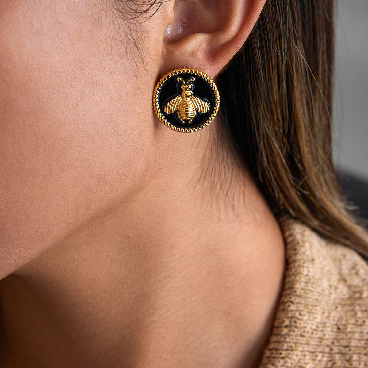 Bee Black Button Stud Earrings