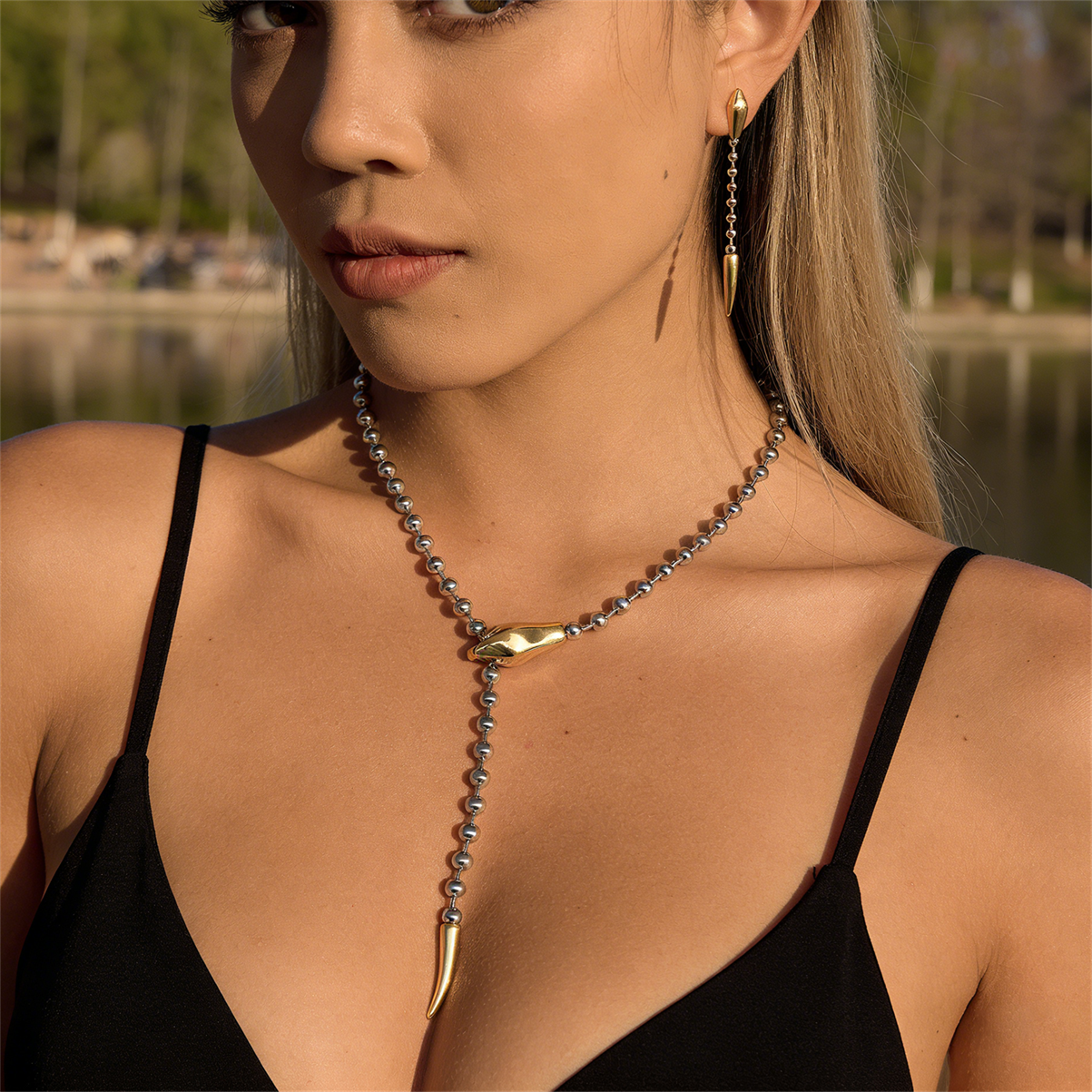Two Tone Chunly Balls Snake Lariat Necklace & Long Stud Earrings Set