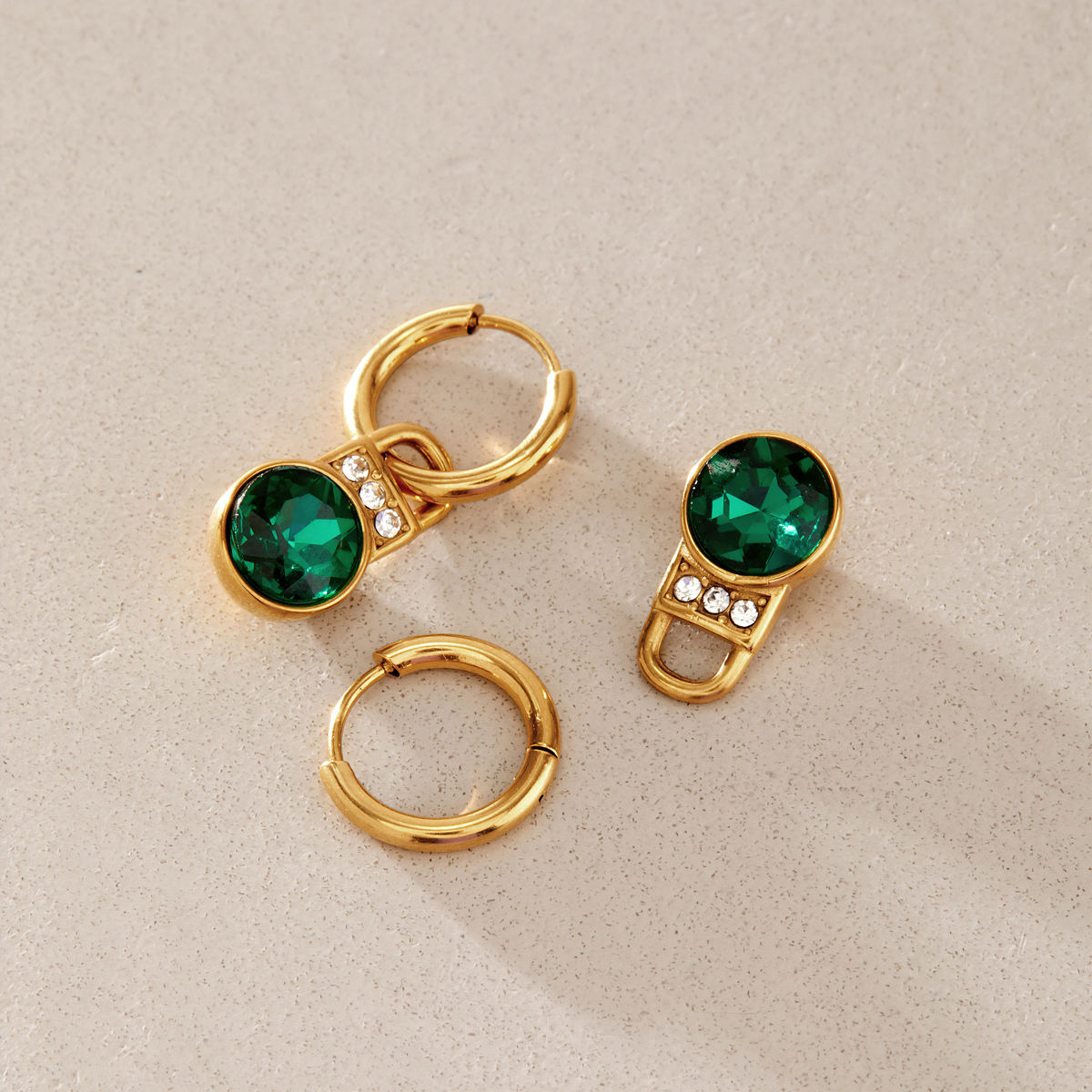 Green Zirconia Lock Pendant Hoop Earrings