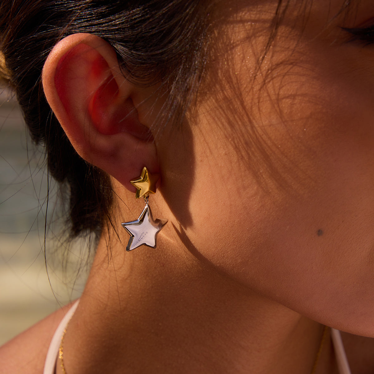 Two Tone Stars Long Stud Earrings