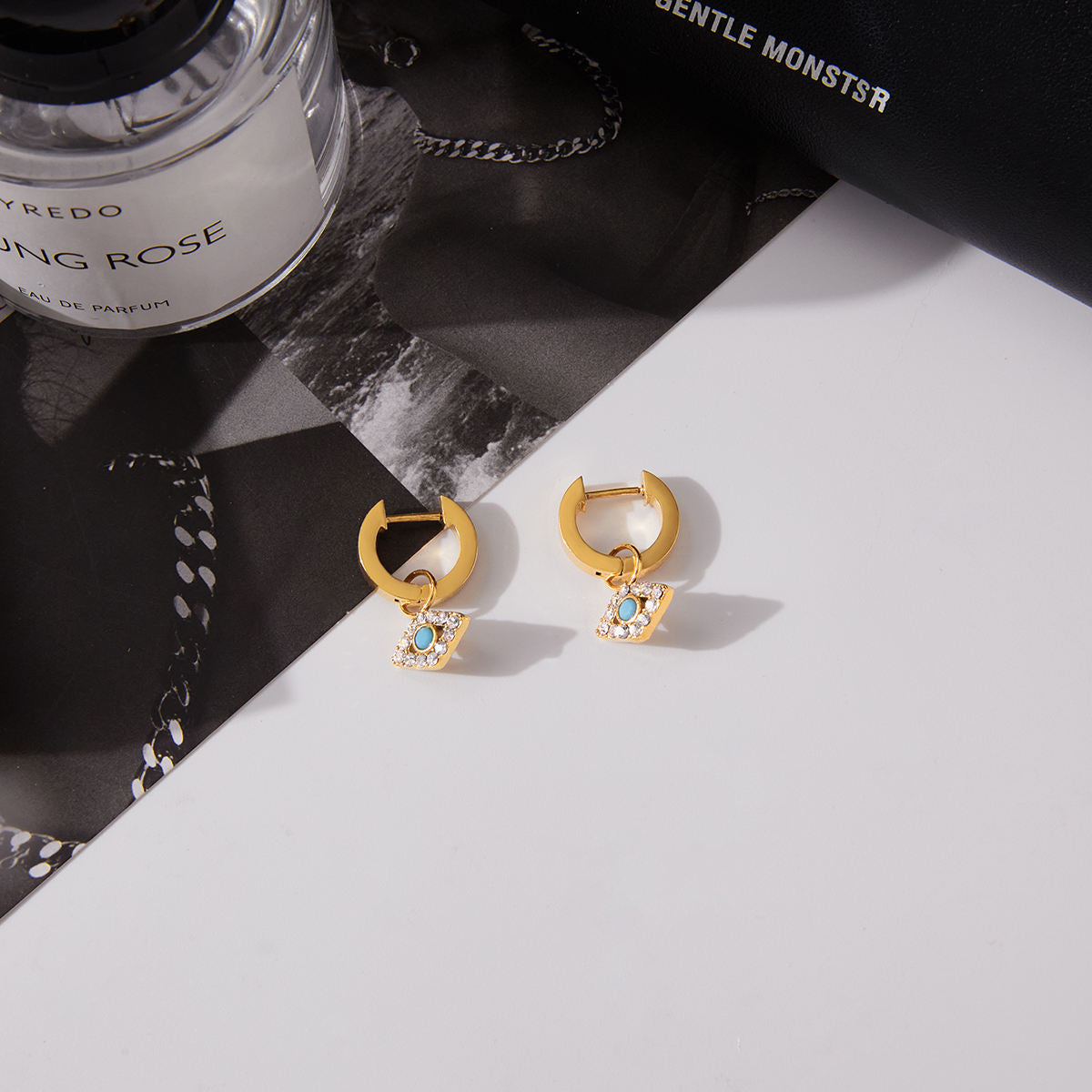 Turquoise & Zirconias Dainty Eye Huggie Earrings