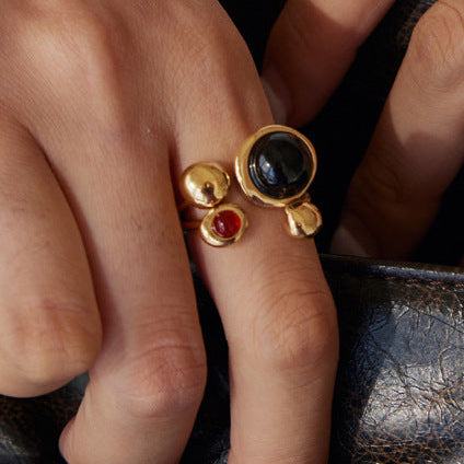 Black & Red Stones Open Ring