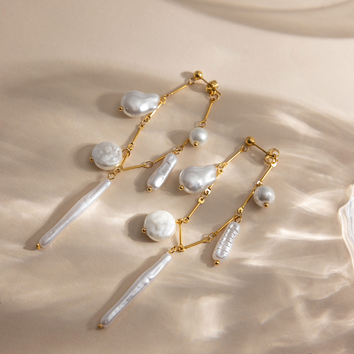 Pearl Pendants Bar Chain Long Stud Earrings