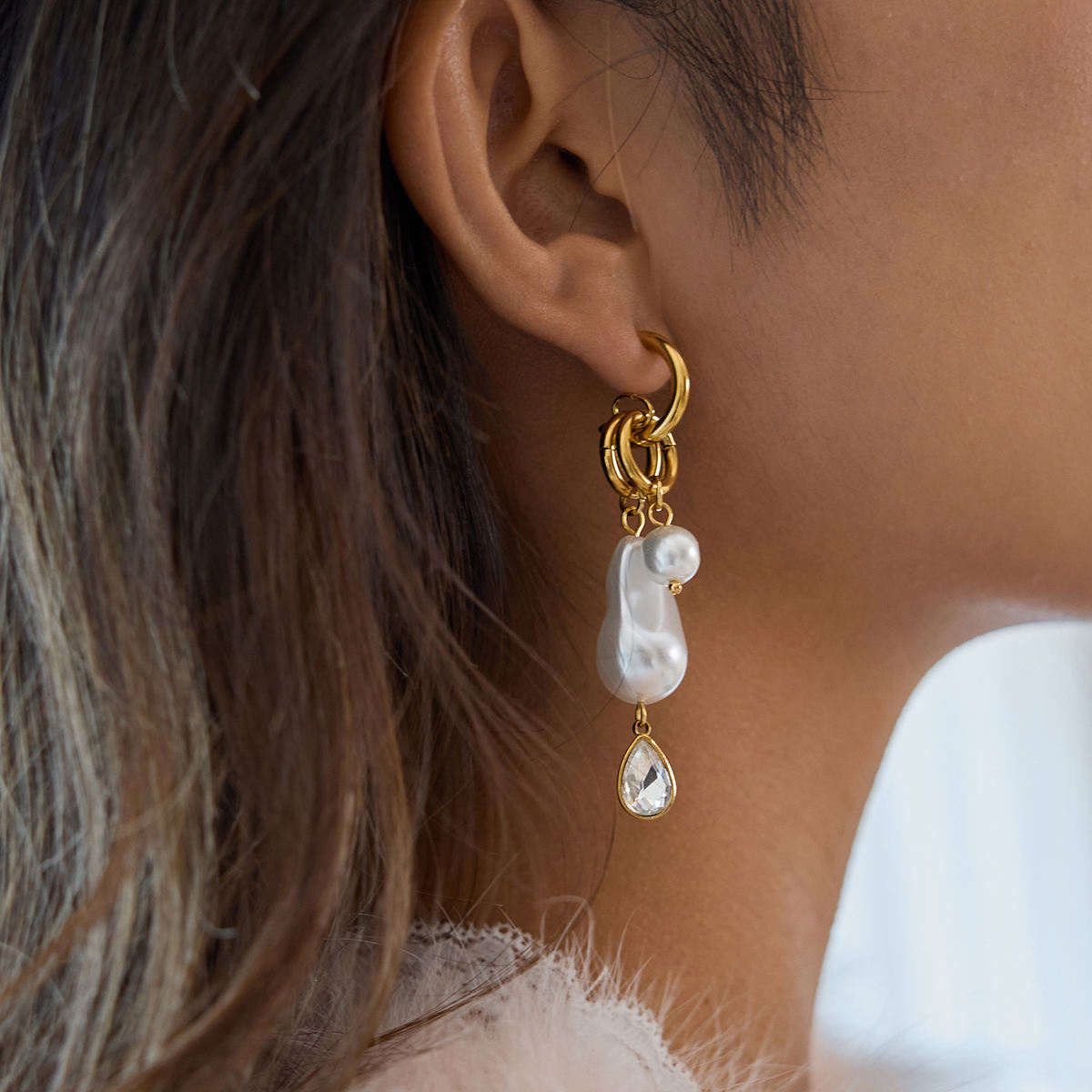 Pearl & Zirconias Long Pendant Stud Earrings