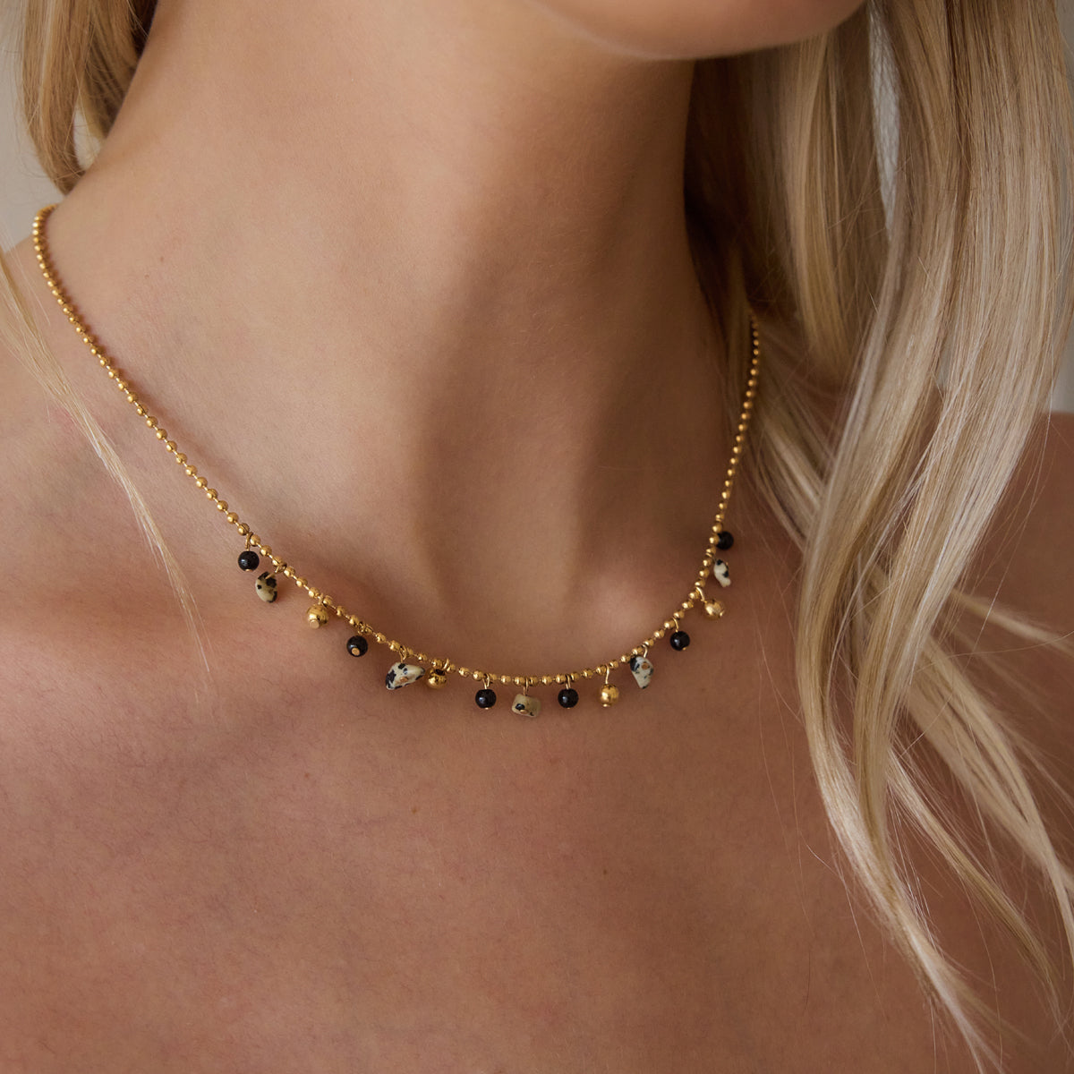 Black Stones & Terrazzo Style Balls Chain Necklace
