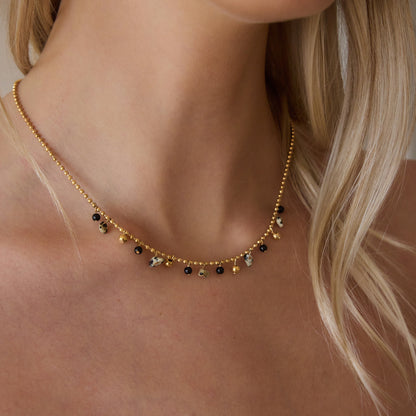 Black Stones & Terrazzo Style Balls Chain Necklace