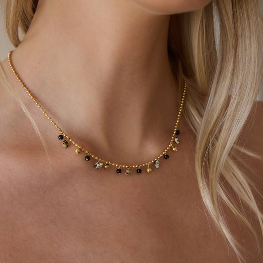Black Stones & Terrazzo Style Balls Chain Necklace