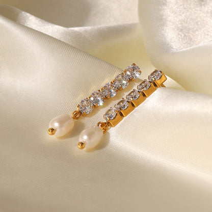 Delicate Zirconias & Pearl Medium Long Studs
