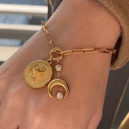 Coin, Moon & Zirconias Pendant Link Chain Bracelet