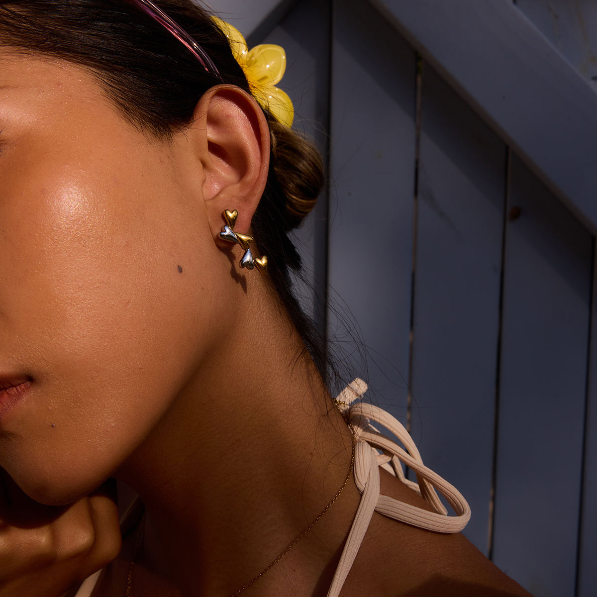 Two Tone Hearts Long Stud Earrings