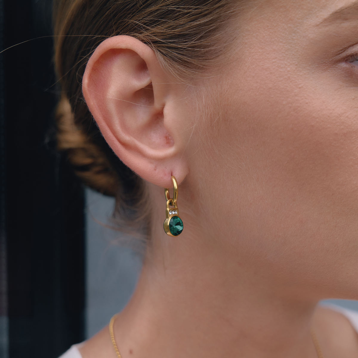 Green Zirconia Lock Pendant Hoop Earrings