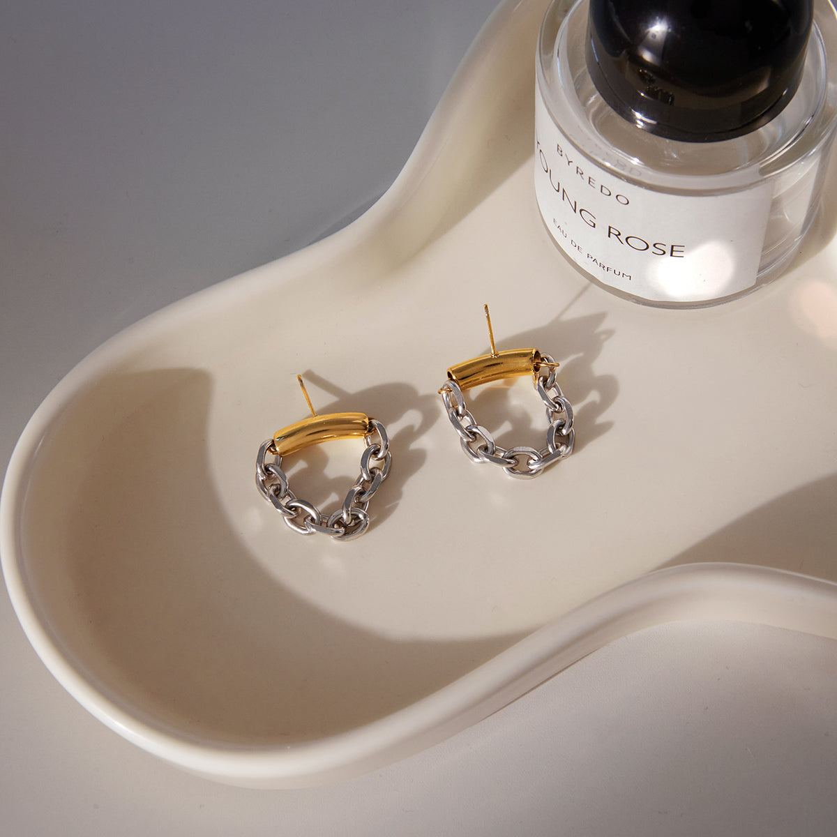 Two Tone Bar & Chain Stud Earrings