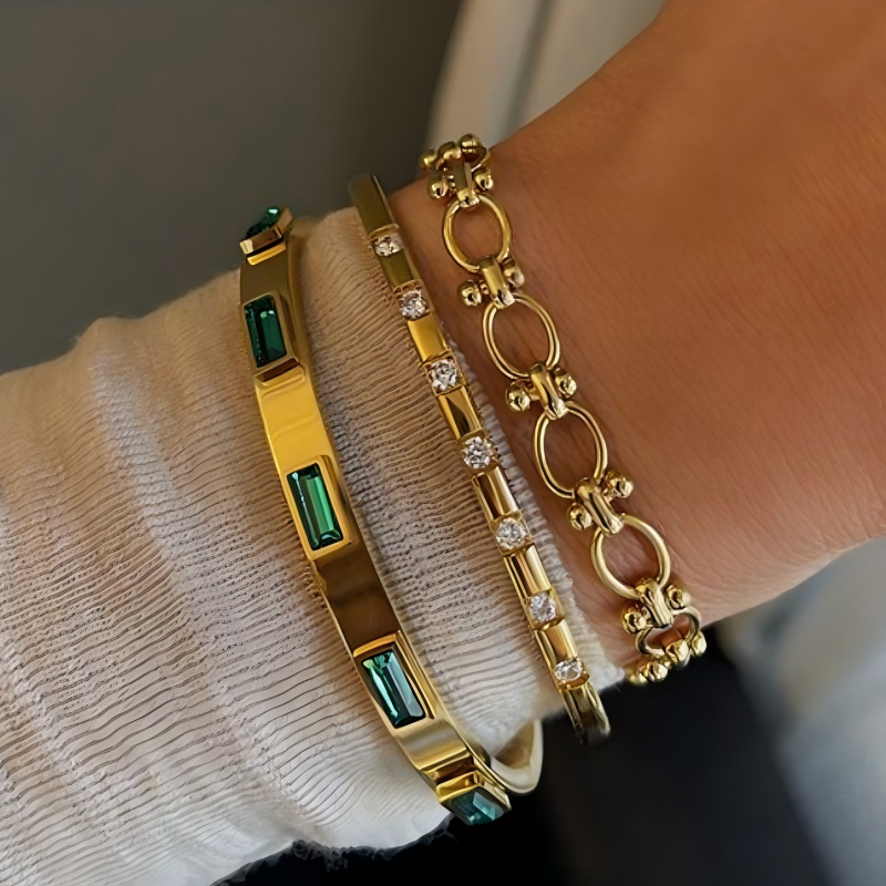Rectangular Green Zirconia Gold Bangle Bracelet